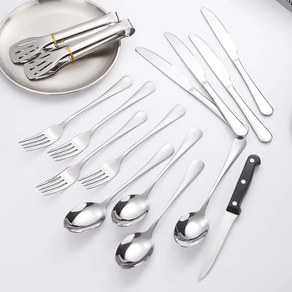Camping Silverware Silver Picnic Plates and Utensils Set for 4 Portable Tableware Stainless Steel Flatware 20 Pieces With Organizer Bag Reusable Durable
