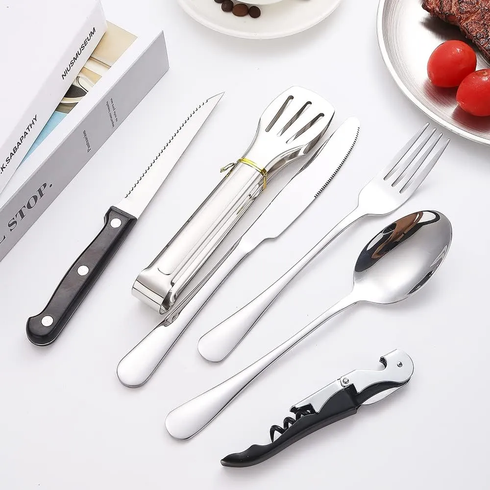 Camping Silverware Silver Picnic Plates and Utensils Set for 4 Portable Tableware Stainless Steel Flatware 20 Pieces With Organizer Bag Reusable Durable