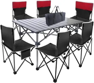 Camping Table Chairs Large Set with Six Chairs, Aluminum Alloy Outdoor Camping Picnic Table, Convenient Storage