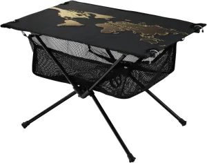 Camping Table Lightweight Portable Folding Table with Mesh Storage Net Black Gold World Map Ideal for Camping Hiking Beach Picnic Travel Backyard