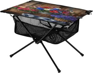 Camping Table Lightweight Portable Folding Table with Mesh Storage Net Flower Checkered Bouquet Ideal for Camping Hiking Beach Picnic Travel Backyard