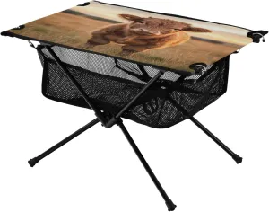 Camping Table Lightweight Portable Folding Table with Mesh Storage Net Mini Highland Cow Grass Ideal for Camping Hiking Beach Picnic Travel Backyard