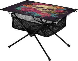 Camping Table Lightweight Portable Folding Table with Mesh Storage Net Red Rose Skull Watercolor Ideal for Camping Hiking Beach Picnic Travel Backyard