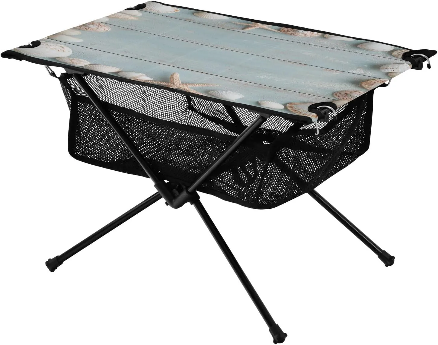 Camping Table Lightweight Portable Folding Table with Mesh Storage Net Shell Starfish Wood Grain Ideal for Camping Hiking Beach Picnic Travel Backyard