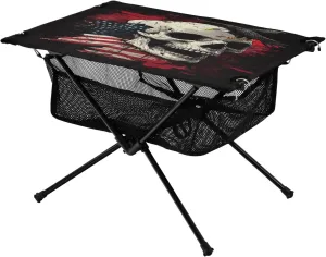 Camping Table Lightweight Portable Folding Table with Mesh Storage Net Skull America Flag Ideal for Camping Hiking Beach Picnic Travel Backyard