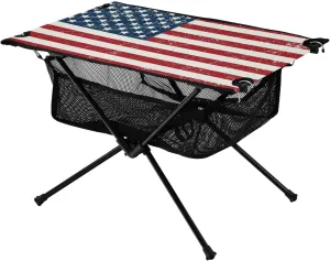 Camping Table Lightweight Portable Folding Table with Mesh Storage Net USA Vintage American Flag Ideal for Camping Hiking Beach Picnic Travel Backyard