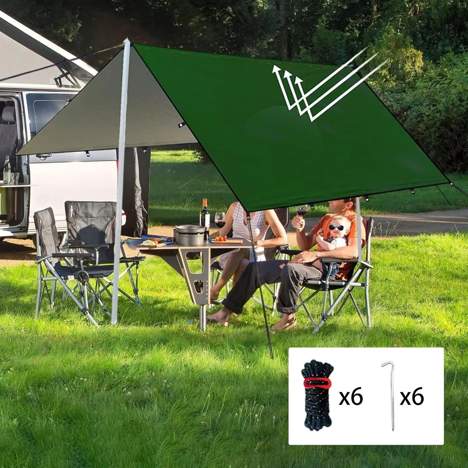 Camping Tent Tarp Waterproof with 6 Stakes and 6 Ropes Sun Canopy Multifunctional for Travelling, Party Easily Install, Green M