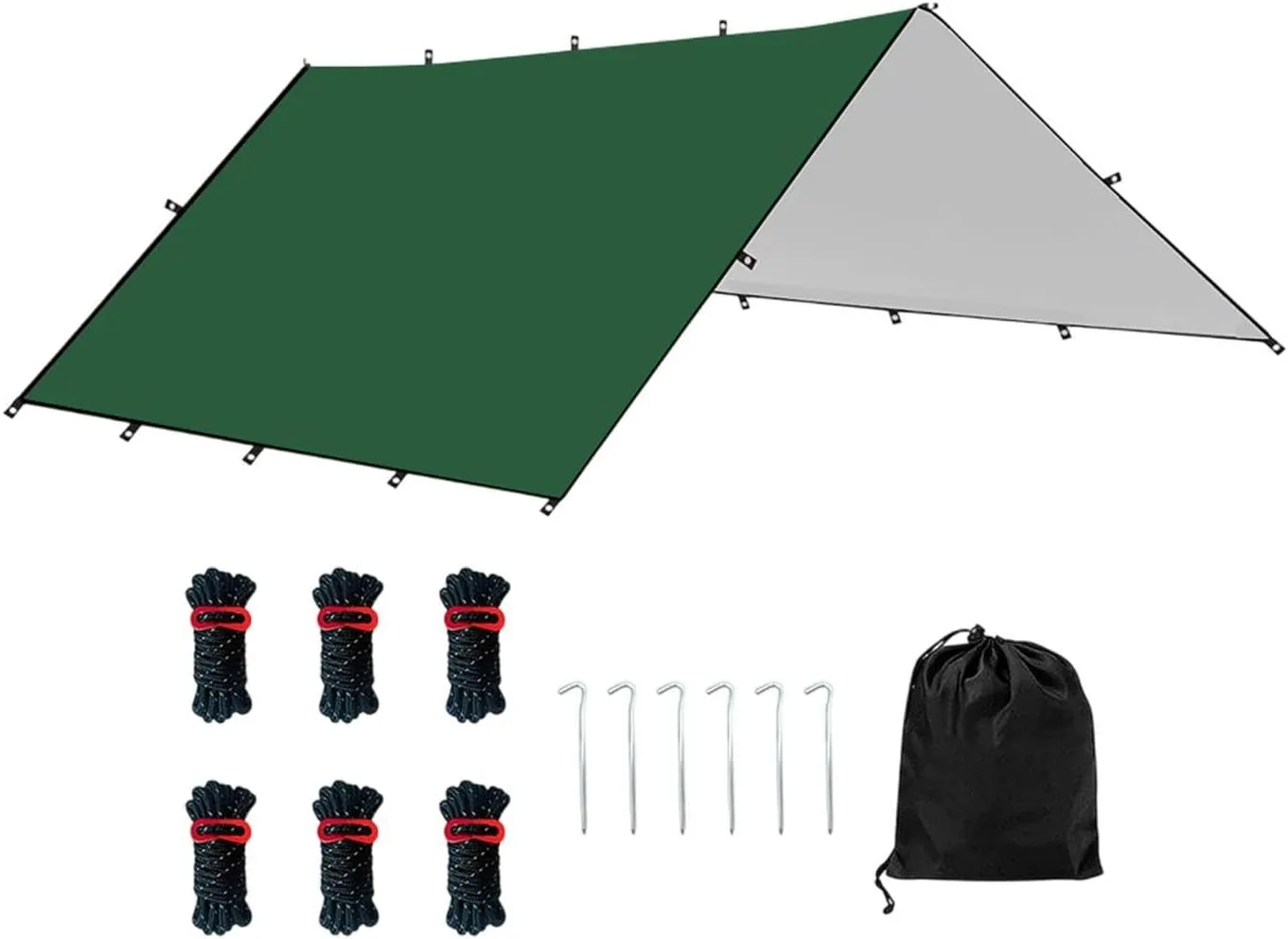 Camping Tent Tarp Waterproof with 6 Stakes and 6 Ropes Sun Canopy Multifunctional for Travelling, Party Easily Install, Green M