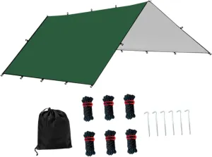 Camping Tent Tarp Waterproof with 6 Stakes and 6 Ropes Sun Canopy Multifunctional for Travelling, Party Easily Install, Green M
