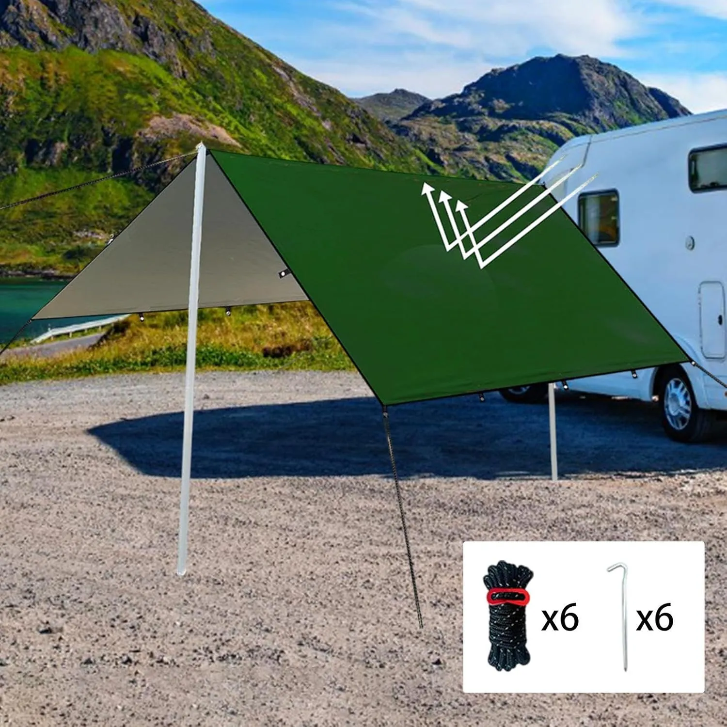 Camping Tent Tarp Waterproof with 6 Stakes and 6 Ropes Sun Canopy Multifunctional for Travelling, Party Easily Install, Green M