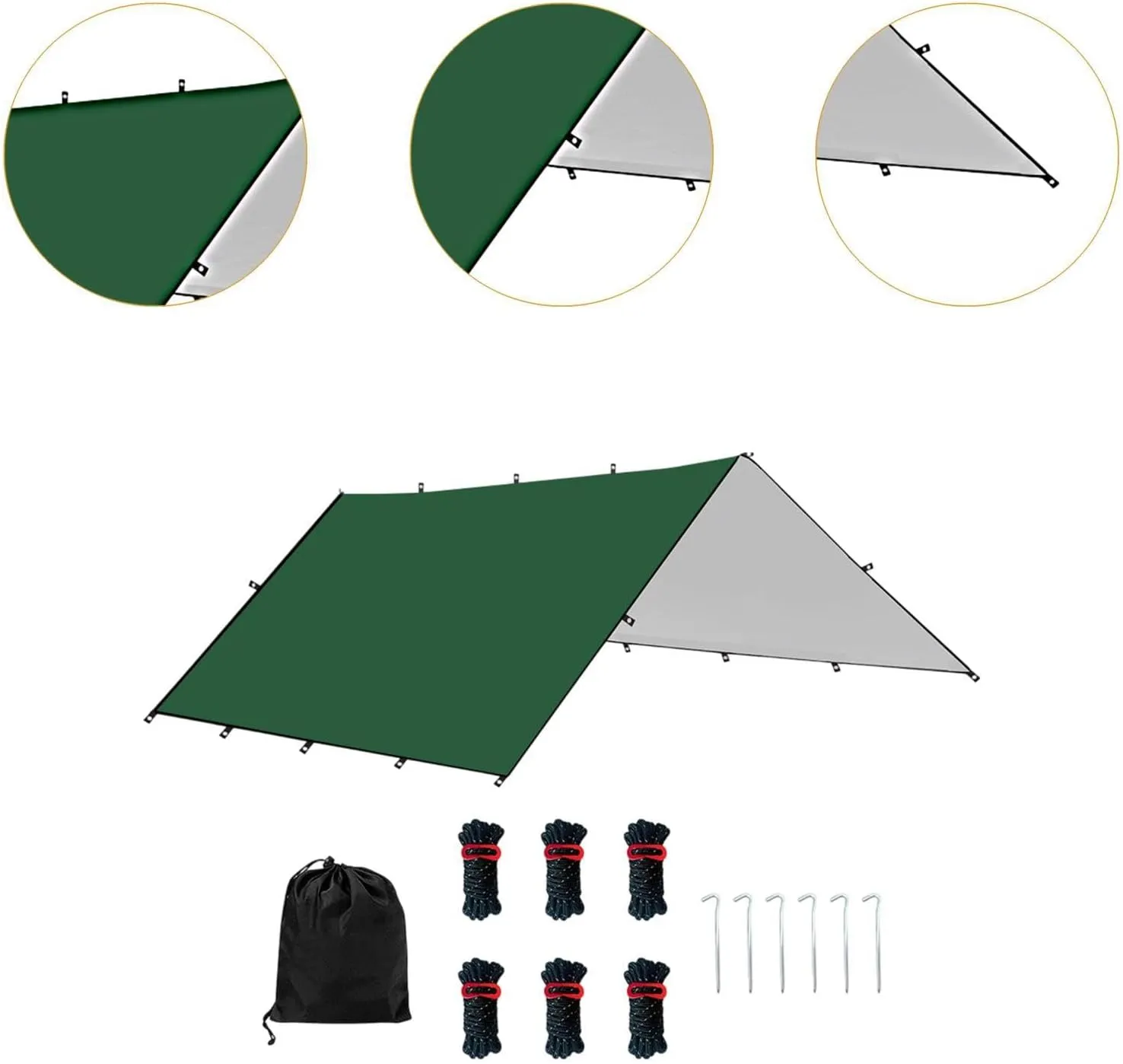 Camping Tent Tarp Waterproof with 6 Stakes and 6 Ropes Sun Canopy Multifunctional for Travelling, Party Easily Install, Green M