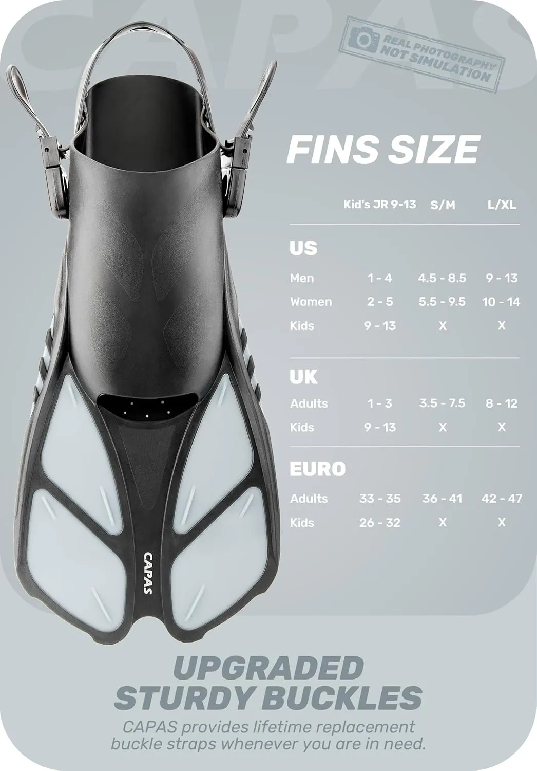 CAPAS Snorkel Fins, Swim Fins Travel Size Short Adjustable for Snorkeling Diving Adult Men Women Kids Open Heel Swimming Flippers