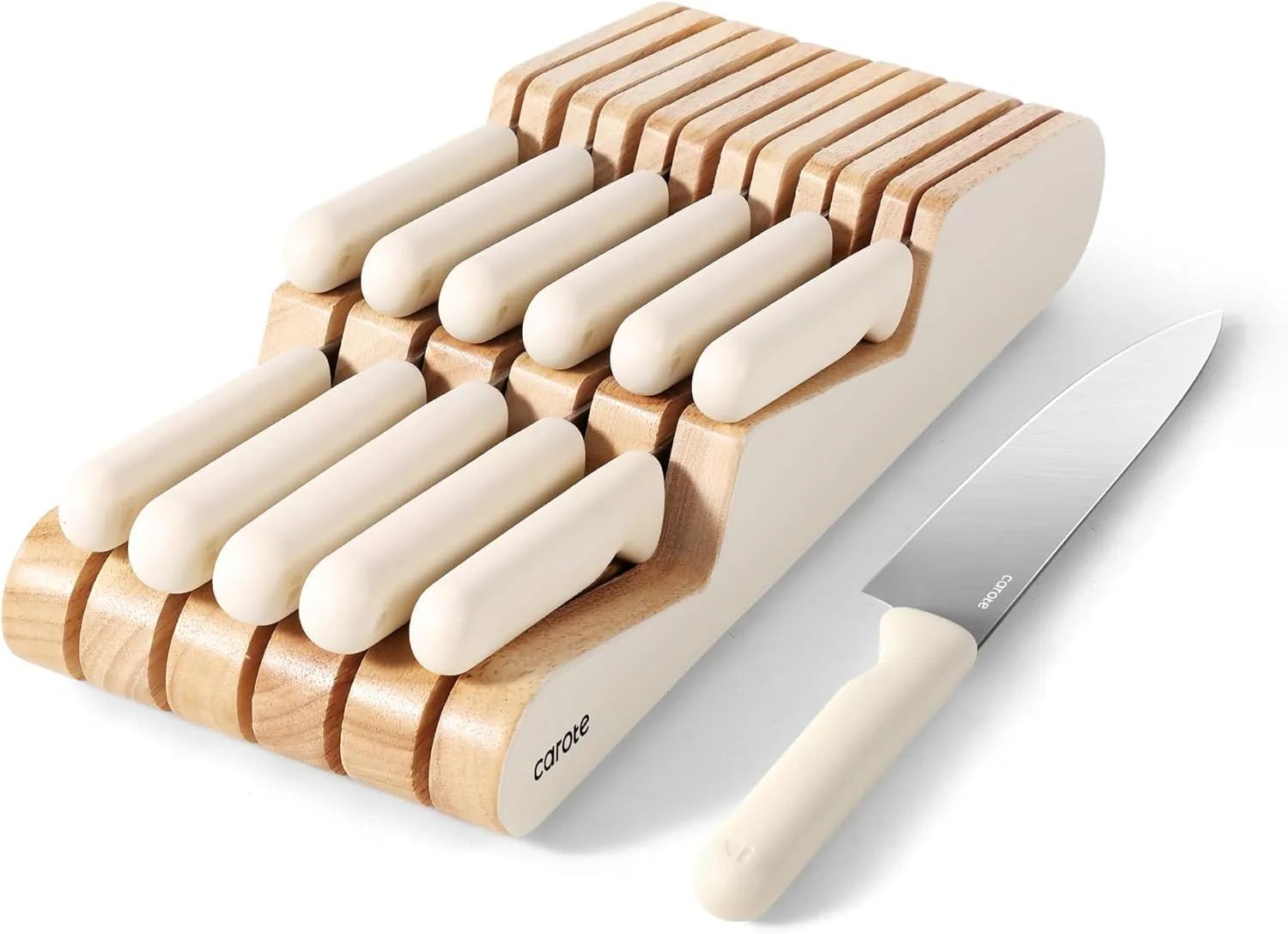 CAROTE 12Pcs Kitchen Knife Set, Dishwasher Safe knife set with Wooden In-Drawer Knife Block, Drawer Knife Set with Razor-Sharp Blades, 6 Steak Knives, Cream White