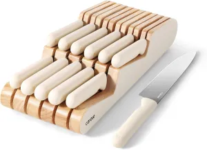 CAROTE 12Pcs Kitchen Knife Set, Dishwasher Safe knife set with Wooden In-Drawer Knife Block, Drawer Knife Set with Razor-Sharp Blades, 6 Steak Knives, Cream White
