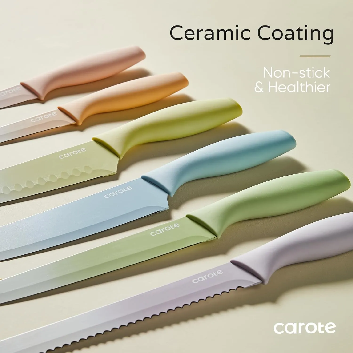 CAROTE 12Pcs Kitchen Knife Set, Stainless Steel Blade with Ceramic Nonstick Coating, Cutlery Knives with Blade Guards, Dishwasher Safe, Multicolored