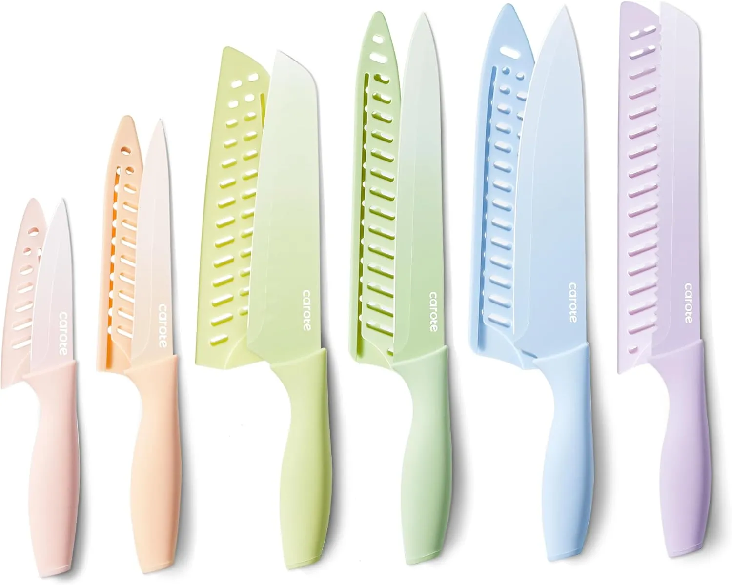 CAROTE 12Pcs Kitchen Knife Set, Stainless Steel Blade with Ceramic Nonstick Coating, Cutlery Knives with Blade Guards, Dishwasher Safe, Multicolored