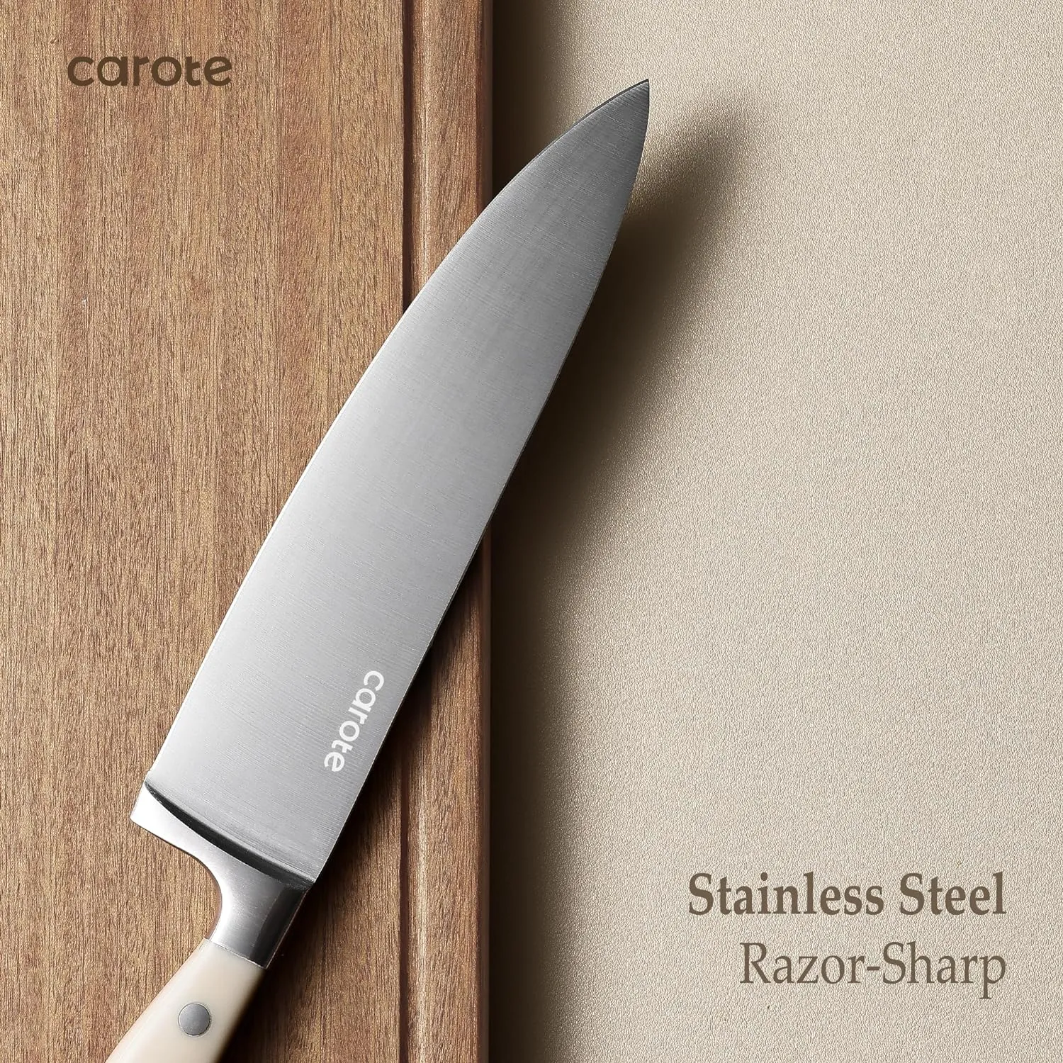 CAROTE 14 Pieces Knife Set with Block, Forged, High Carbon Stainless Steel Sharp Blade Block Knife Set, Dishwasher Safe Cutlery, Cream