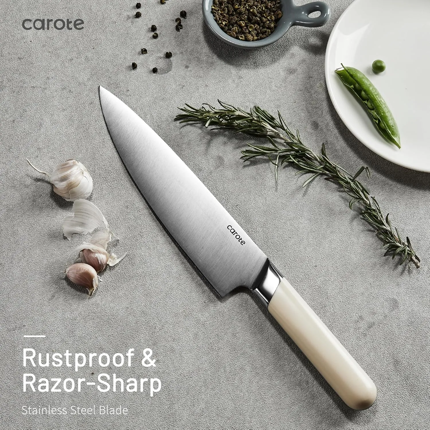 CAROTE 8PCS Kitchen Knife Bock Set, Stainless Steel Razor-Sharp Blade,Essential Knife Set with Block, Dishwasher Safe