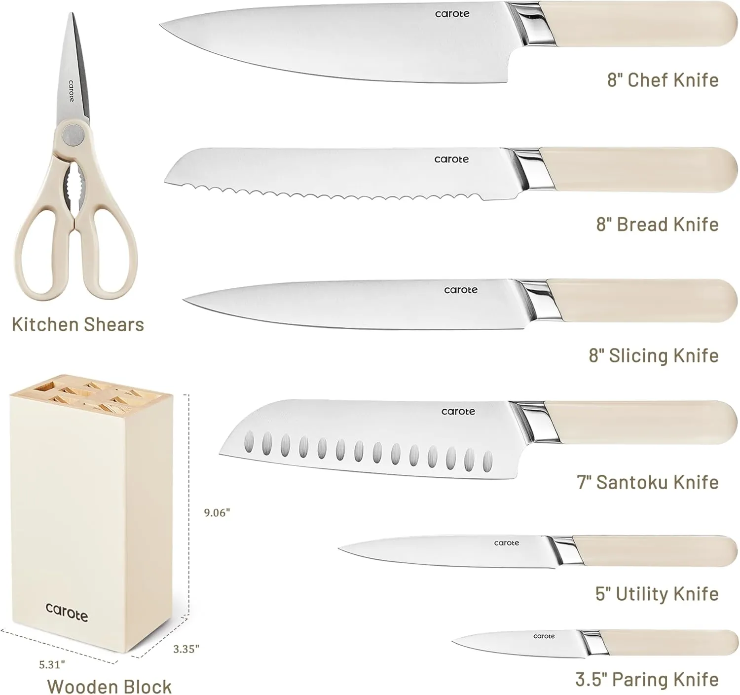 CAROTE 8PCS Kitchen Knife Bock Set, Stainless Steel Razor-Sharp Blade,Essential Knife Set with Block, Dishwasher Safe