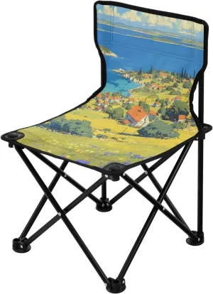 Cartoon Farm Village Portable Outdoor Folding Chair Anti-Slip Padded Oxford Cloth Stool Camping Chair Small for Beach Hiking Fishing Gardening Quad Camp Chair
