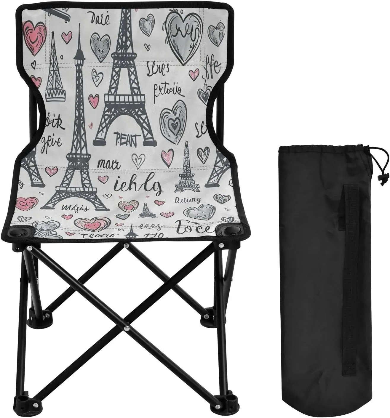 Cartoon Love Paris Tower Portable Outdoor Folding Chair Anti-Slip Padded Oxford Cloth Stool Camping Chair Small for Beach Hiking Fishing Gardening Quad Camp Chair