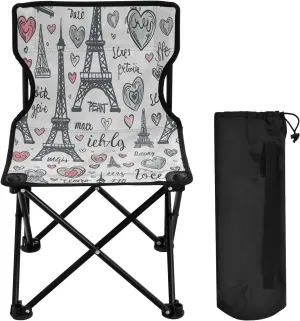Cartoon Love Paris Tower Portable Outdoor Folding Chair Anti-Slip Padded Oxford Cloth Stool Camping Chair Small for Beach Hiking Fishing Gardening Quad Camp Chair