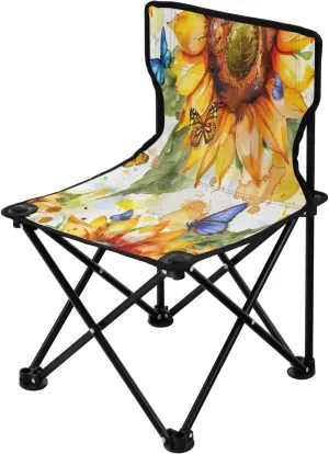 Cartoon Retro Sunflower Portable Outdoor Folding Chair Anti-Slip Padded Oxford Cloth Stool Camping Chair Small for Beach Hiking Fishing Gardening Quad Camp Chair