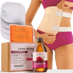 Castor Oil Pack Wrap for Stomach, 8 Piece Liver Detox Kit (Includes 16.2 oz Glass Bottle of Organic Castor Oil) Compress Wrap Reusable - Organic Cotton Flannel with 5 Pads & Soothing Heat Pack