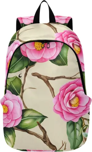Casual Daypack Backpacks for Woman Pink Camellia Flowers Green Leaves Beige Personalized Cool Backpacks for Teen Girls