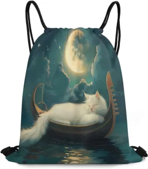 Cat Boat And Ocean Sleeping Drawstring Backpack Gym Bag String Bag Sport Gym Sackpack for Men Women