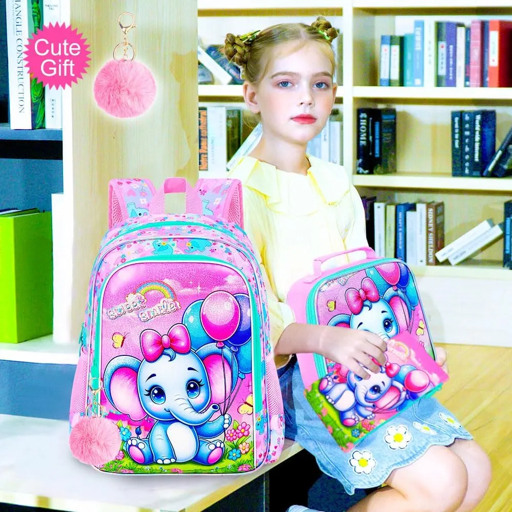 CCJPX 3PCS Backpack for Girls, 16”Elephant Bookbag with Lunch Box, Kids Water Resistant Elementary School Bag for Preschool Kindergarten Toddler