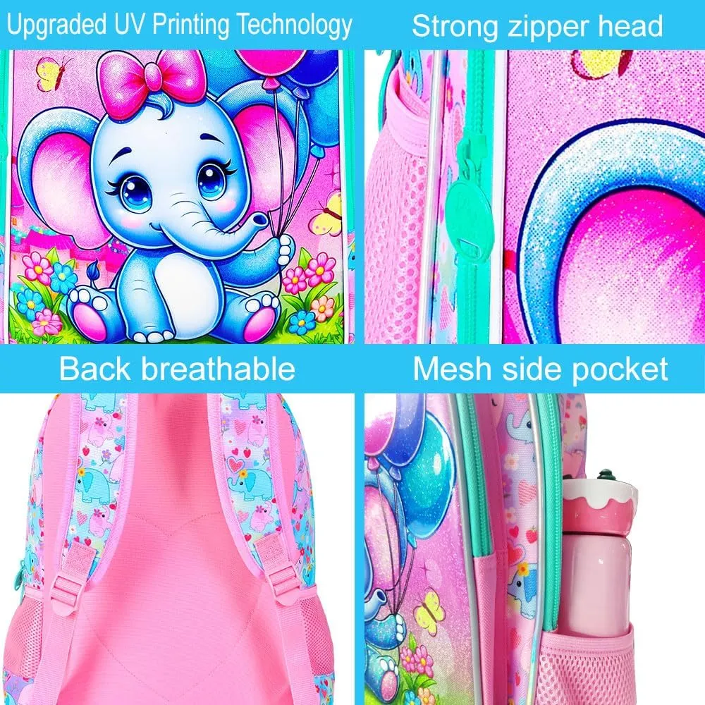 CCJPX 3PCS Backpack for Girls, 16”Elephant Bookbag with Lunch Box, Kids Water Resistant Elementary School Bag for Preschool Kindergarten Toddler