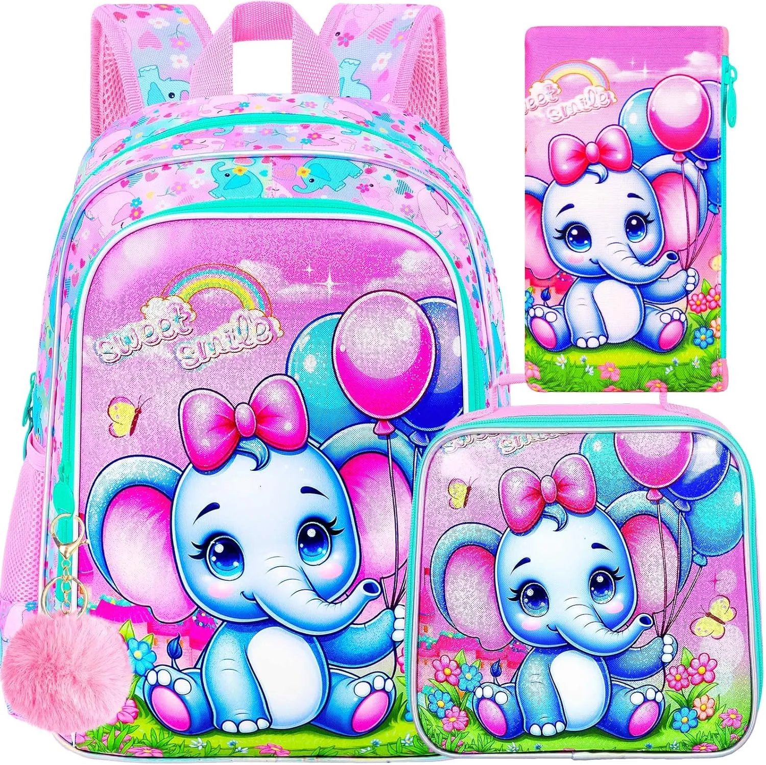 CCJPX 3PCS Backpack for Girls, 16”Elephant Bookbag with Lunch Box, Kids Water Resistant Elementary School Bag for Preschool Kindergarten Toddler