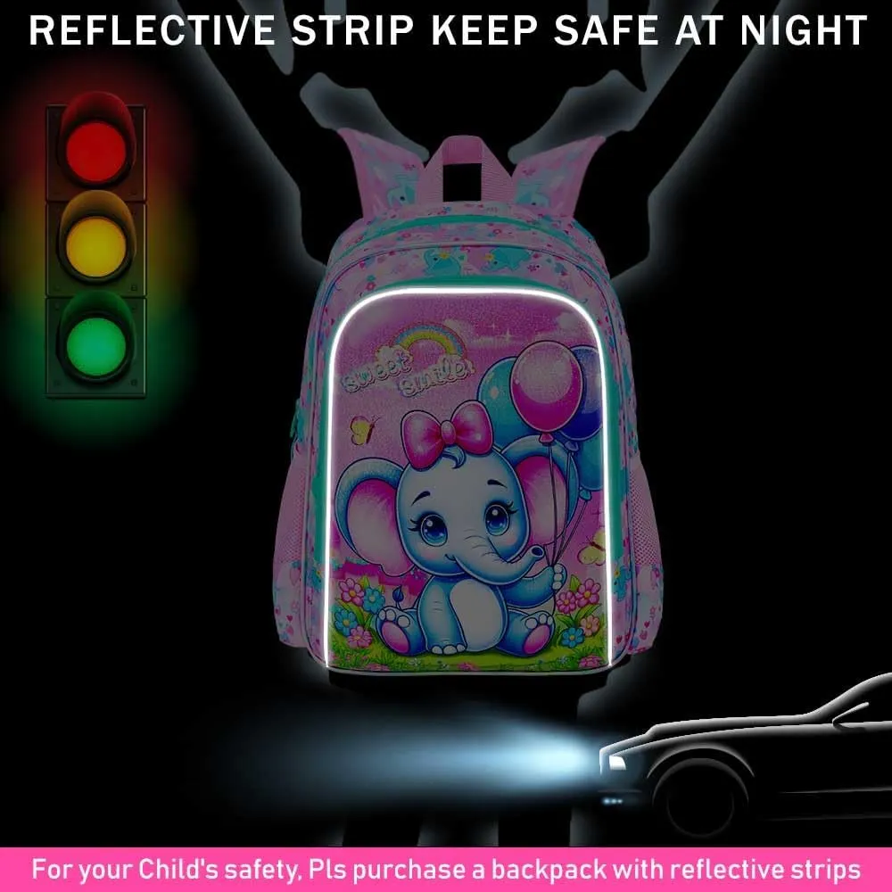 CCJPX 3PCS Backpack for Girls, 16”Elephant Bookbag with Lunch Box, Kids Water Resistant Elementary School Bag for Preschool Kindergarten Toddler