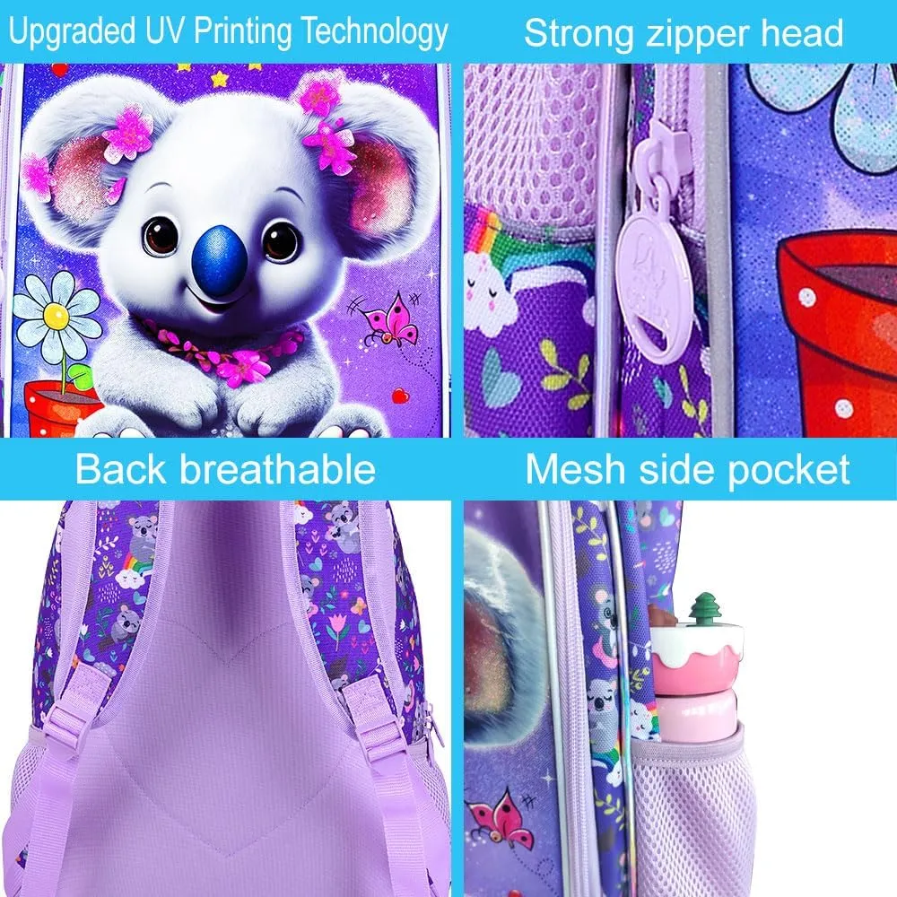 CCJPX 3PCS Backpack for Girls, 16" Koala Preschool Bookbag with Lunch Box，Kids Water Resistant School Backpacks for Elementary Kindergarten