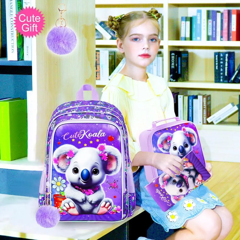 CCJPX 3PCS Backpack for Girls, 16" Koala Preschool Bookbag with Lunch Box，Kids Water Resistant School Backpacks for Elementary Kindergarten