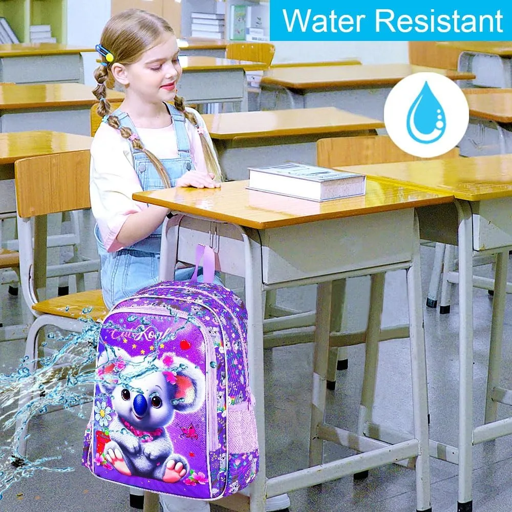 CCJPX 3PCS Backpack for Girls, 16" Koala Preschool Bookbag with Lunch Box，Kids Water Resistant School Backpacks for Elementary Kindergarten