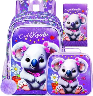 CCJPX 3PCS Backpack for Girls, 16" Koala Preschool Bookbag with Lunch Box，Kids Water Resistant School Backpacks for Elementary Kindergarten