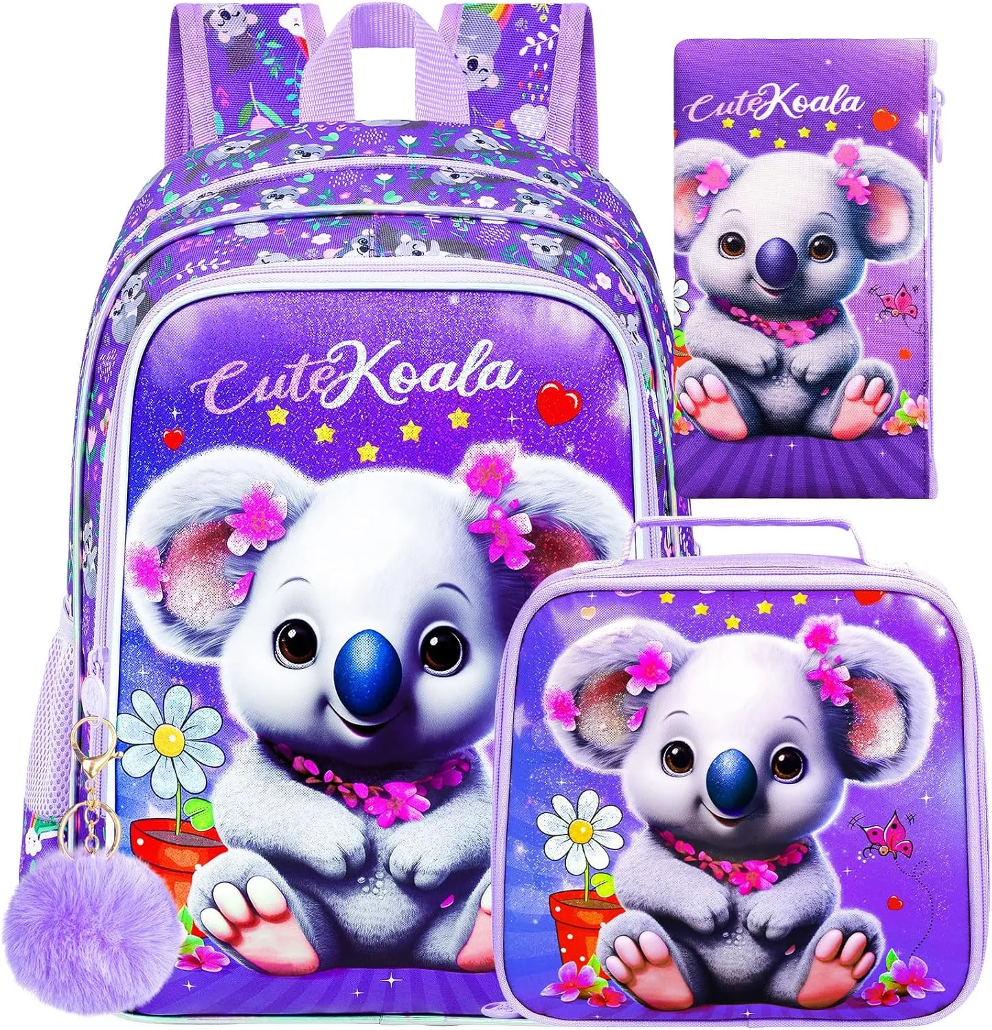 CCJPX 3PCS Backpack for Girls, 16" Koala Preschool Bookbag with Lunch Box，Kids Water Resistant School Backpacks for Elementary Kindergarten