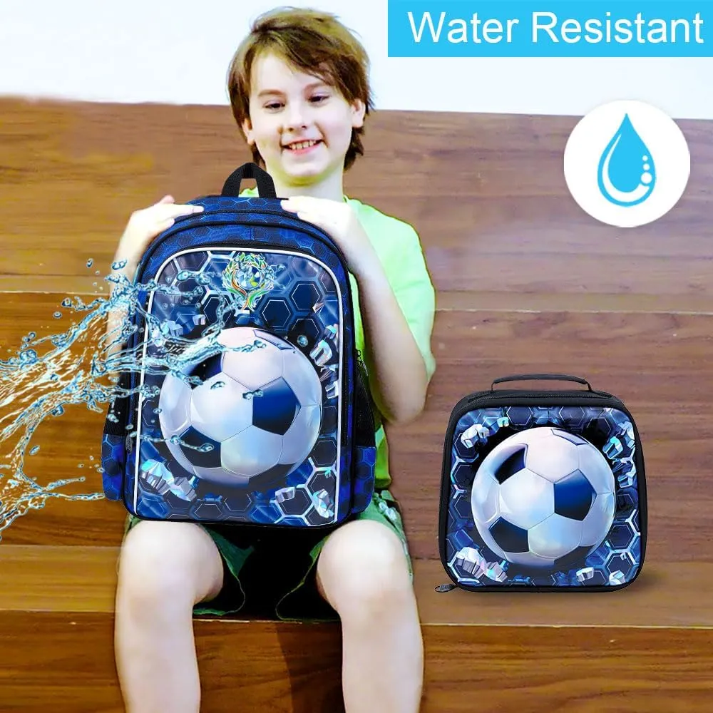 CCJPX 3PCS Football Backpack for Boys, 16 Inch Kids Water Resistant Preschool Bookbags with Lunch Box, Cool Elementary School Bag for Kindergarten Toddler