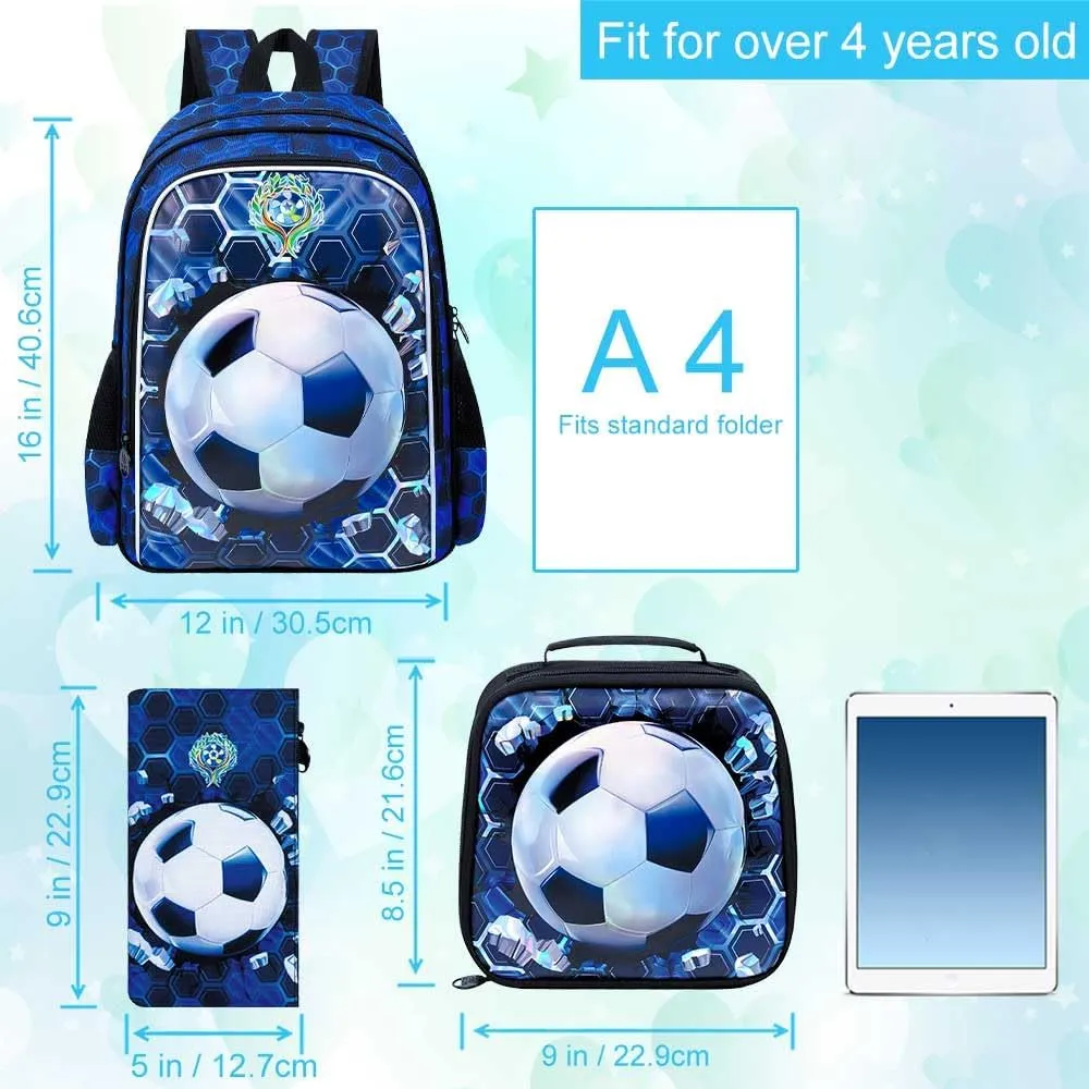 CCJPX 3PCS Football Backpack for Boys, 16 Inch Kids Water Resistant Preschool Bookbags with Lunch Box, Cool Elementary School Bag for Kindergarten Toddler