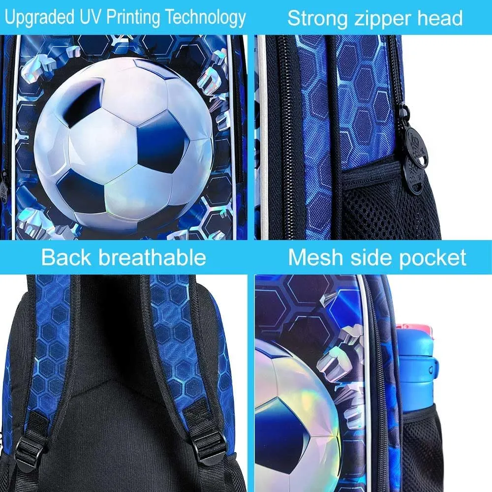 CCJPX 3PCS Football Backpack for Boys, 16 Inch Kids Water Resistant Preschool Bookbags with Lunch Box, Cool Elementary School Bag for Kindergarten Toddler