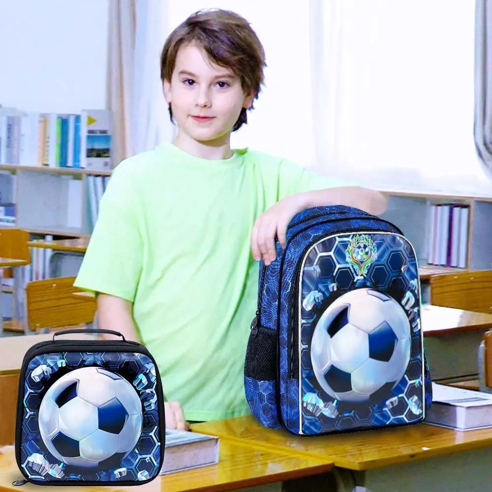 CCJPX 3PCS Football Backpack for Boys, 16 Inch Kids Water Resistant Preschool Bookbags with Lunch Box, Cool Elementary School Bag for Kindergarten Toddler