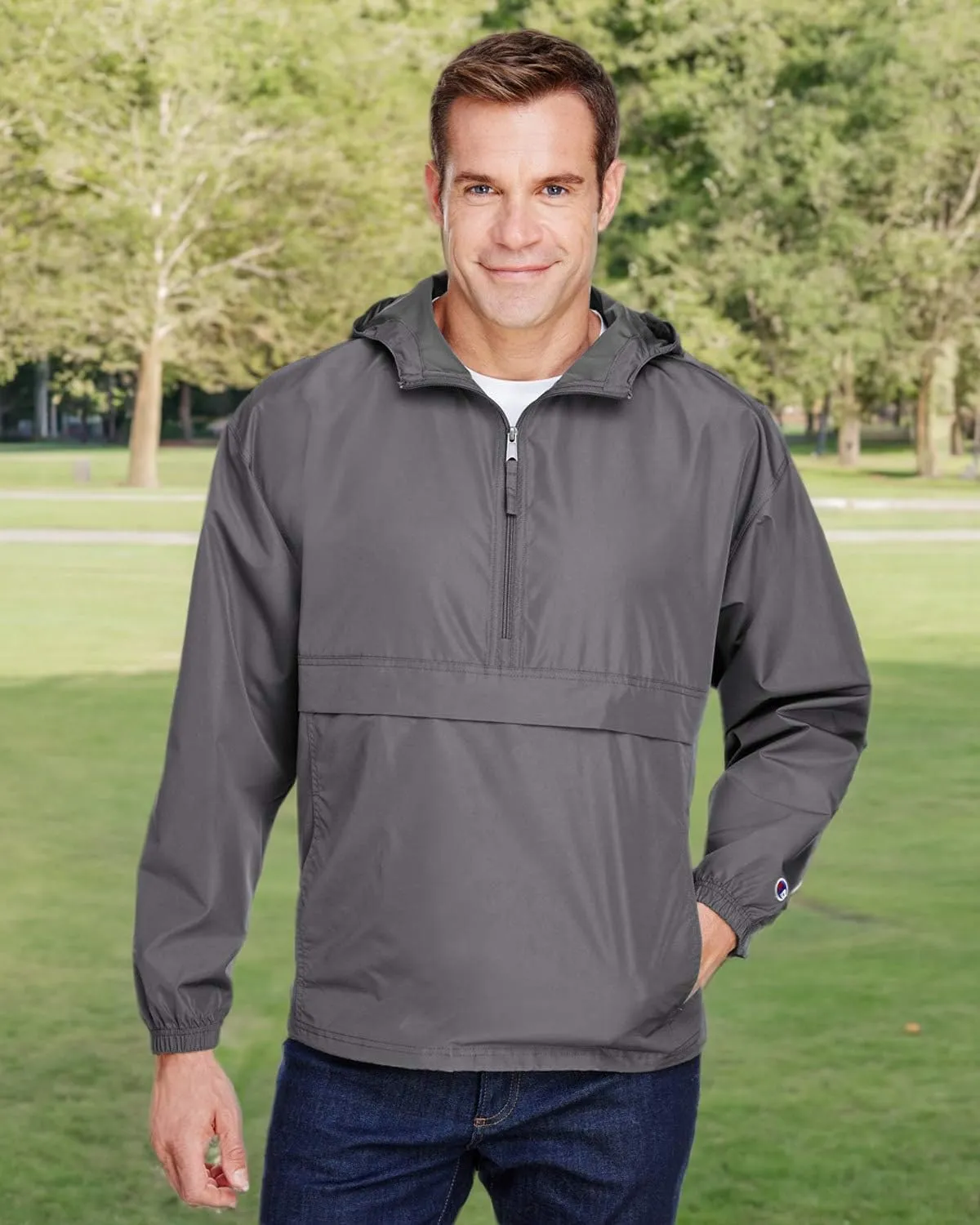 Champion Men's Anorak Jacket with Hood, Lightweight Water-Resistant Packable Nylon Hooded Jacket for Men, Iconic 'C' Logo
