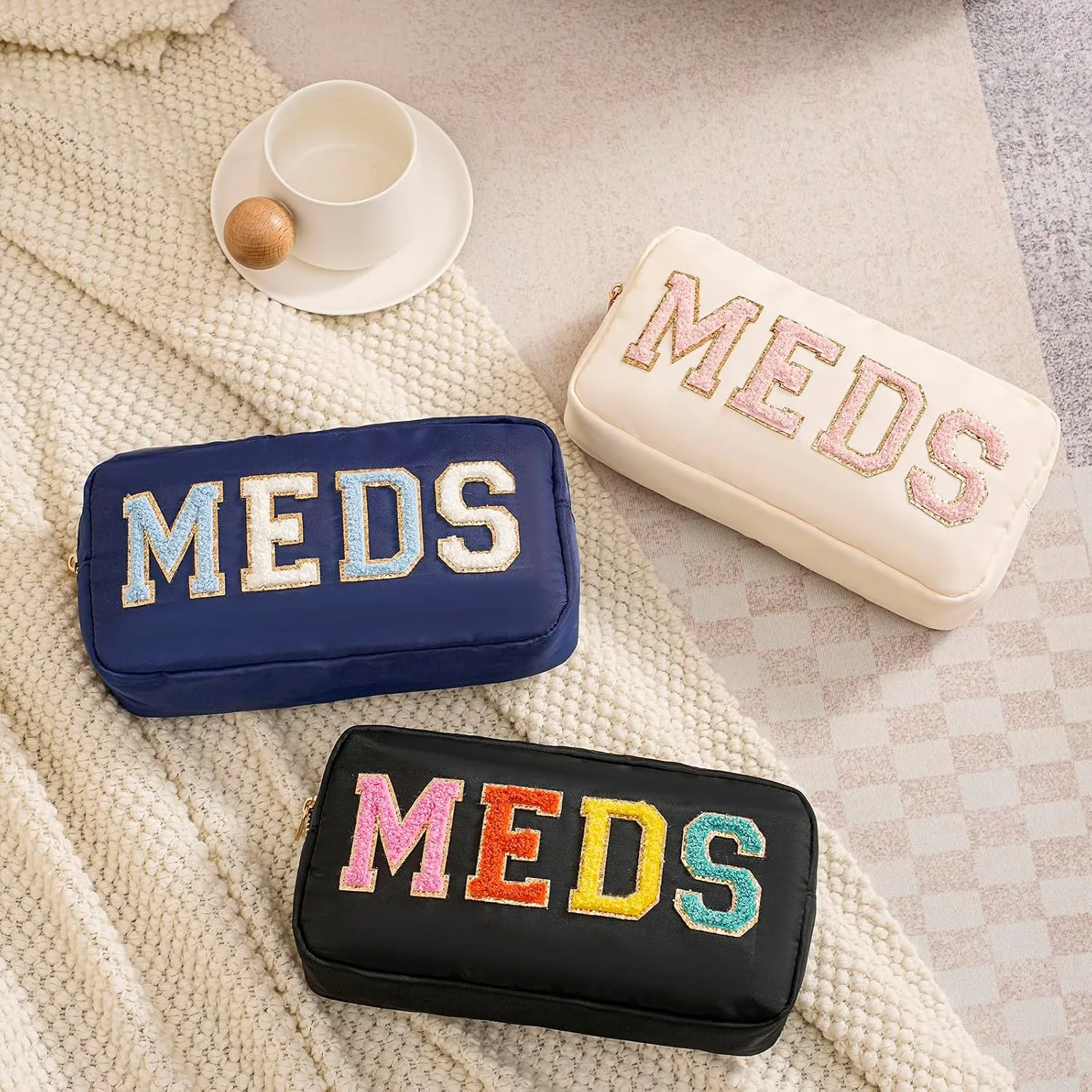 Chenille Letter Patch Nylon Medicine Packages,Cute MEDS Travel Makeup Bag with Metal Zipper, First Aid Purse Organizer Cosmetic Bag for Women and Girls(02Light Blue)