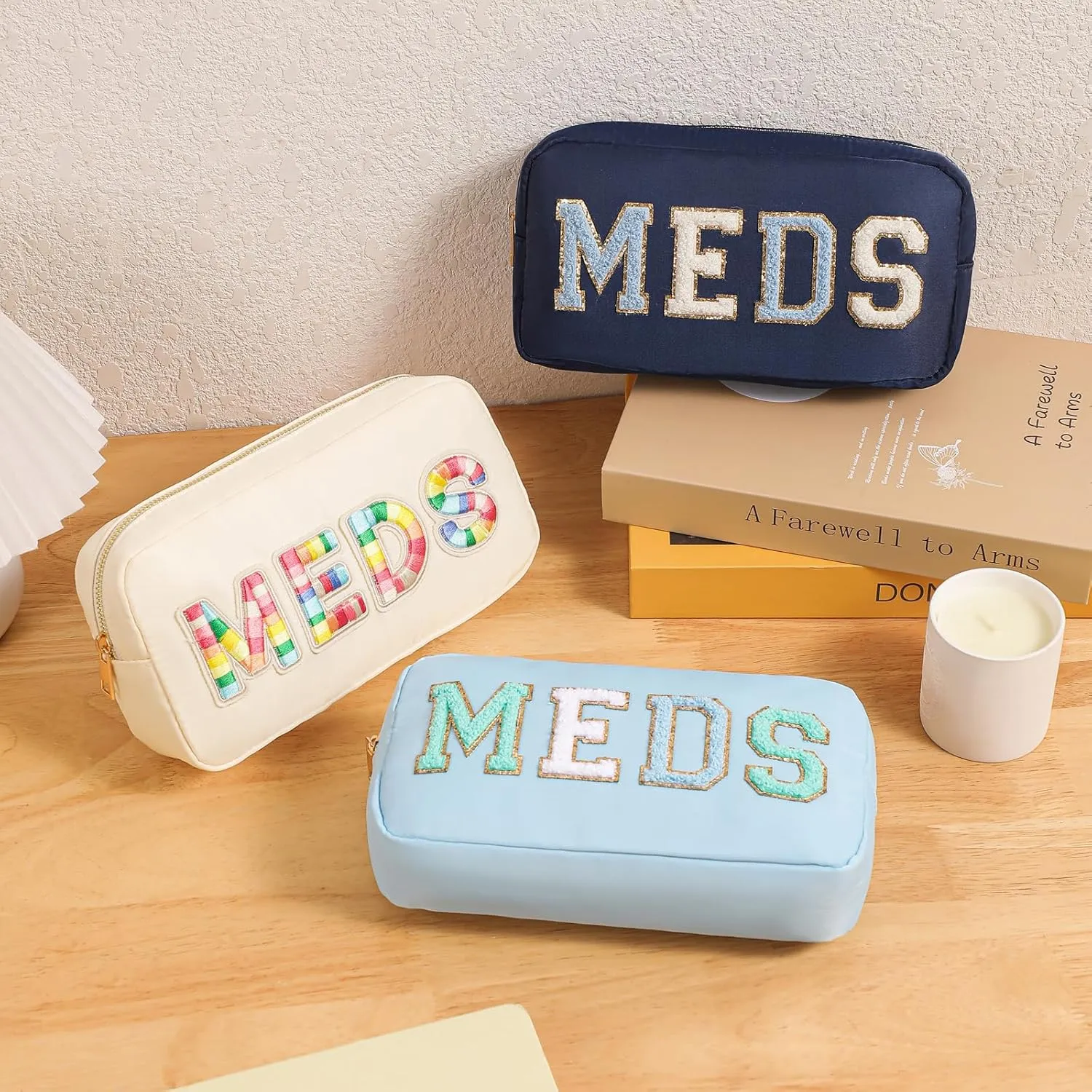 Chenille Letter Patch Nylon Medicine Packages,Cute MEDS Travel Makeup Bag with Metal Zipper, First Aid Purse Organizer Cosmetic Bag for Women and Girls(02Light Blue)