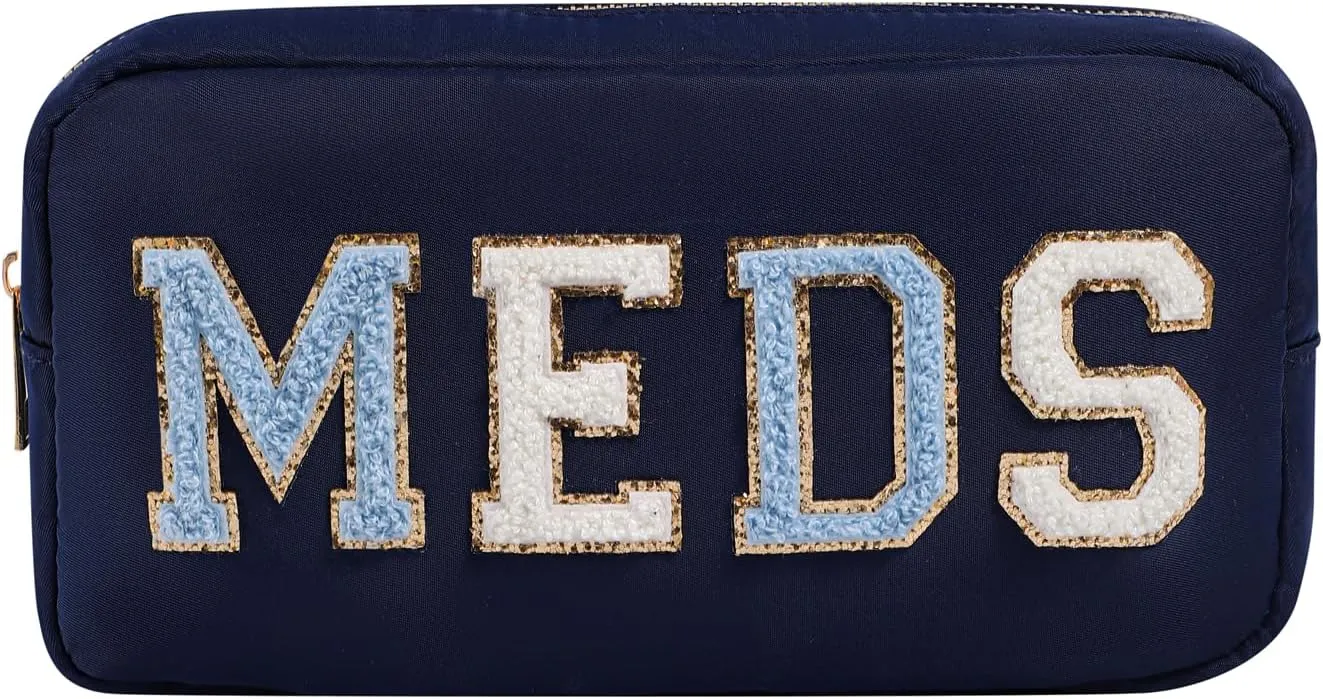 Chenille Letter Patch Nylon Medicine Packages,Cute MEDS Travel Makeup Bag with Metal Zipper, First Aid Purse Organizer Cosmetic Bag for Women and Girls(03Navy)