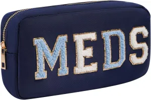 Chenille Letter Patch Nylon Medicine Packages,Cute MEDS Travel Makeup Bag with Metal Zipper, First Aid Purse Organizer Cosmetic Bag for Women and Girls(03Navy)