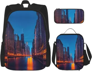 Chicago Night Print Versatile Adjustable Shoulder Fashion Backpack Lunch Bag Pencil Case Large Capacity