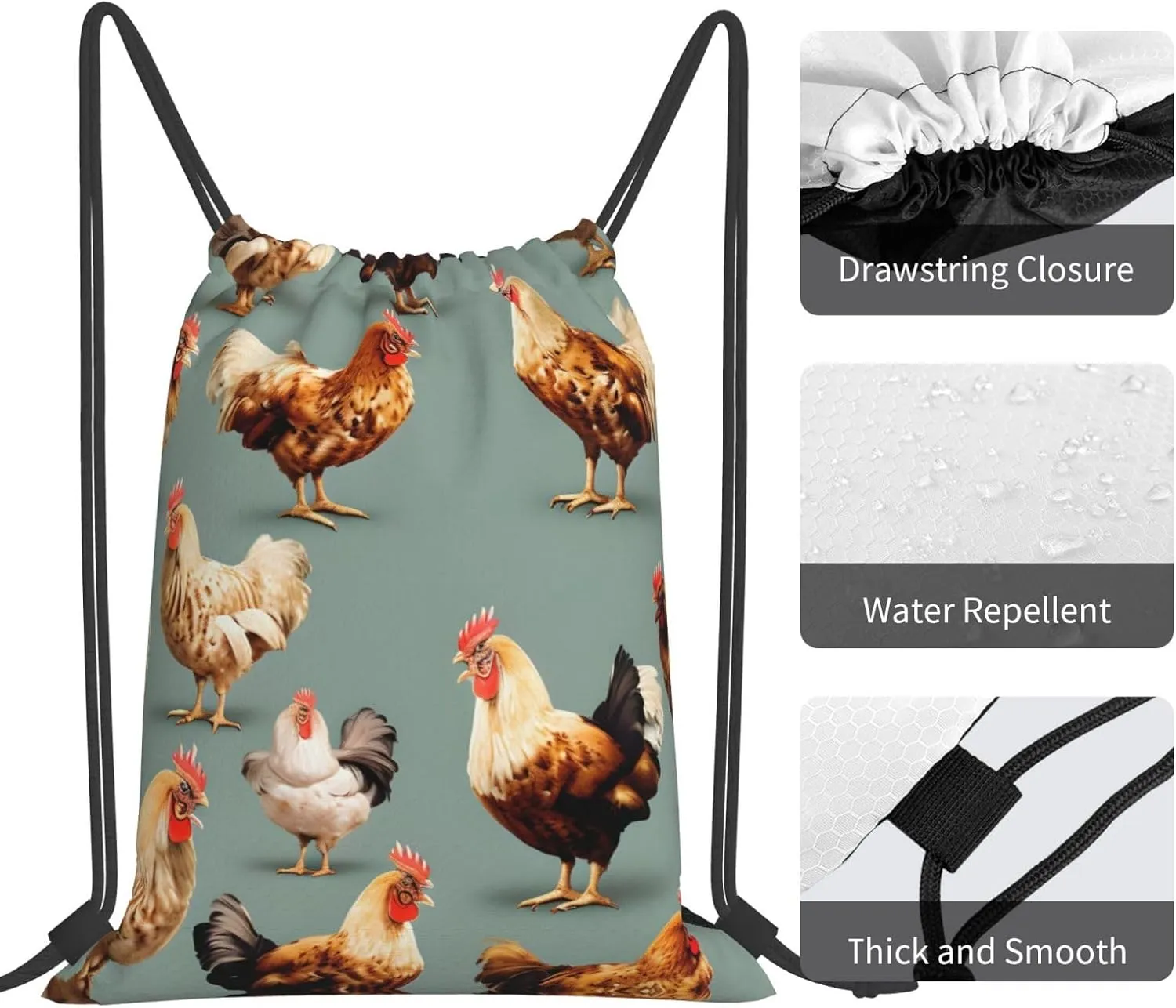 Chicken Prints Print Sports Drawstring Backpack,Water Resistant Bag, Gym Backpack for Women Men
